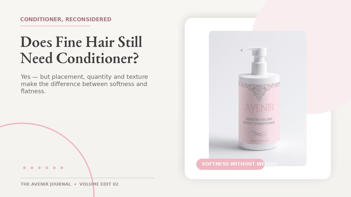 AVENIR Keratin Volume Boost Conditioner in an editorial visual about conditioning fine hair without losing volume